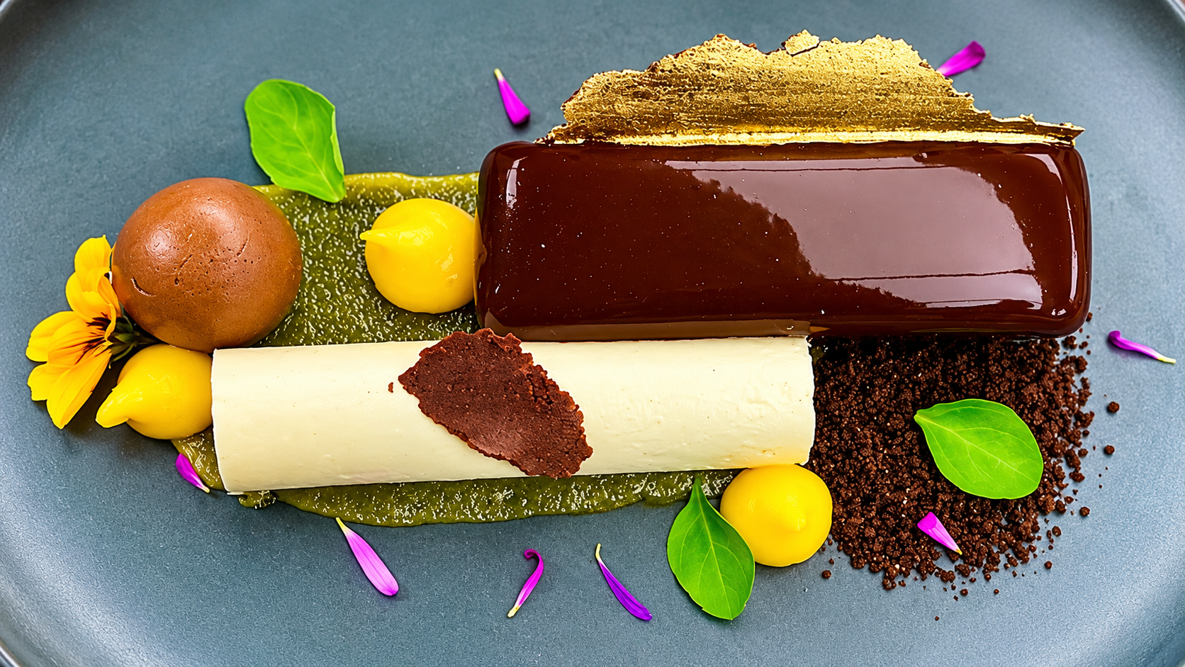Artfully plated chocolate and vanilla dessert with gold leaf, edible flowers, and seasonal garnishes — a signature creation by Chef Lito Morin